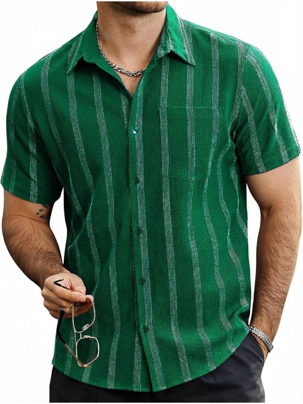 Men's Green Striped Short Sleeve Collared Button Down Beach Shirt with Pocket